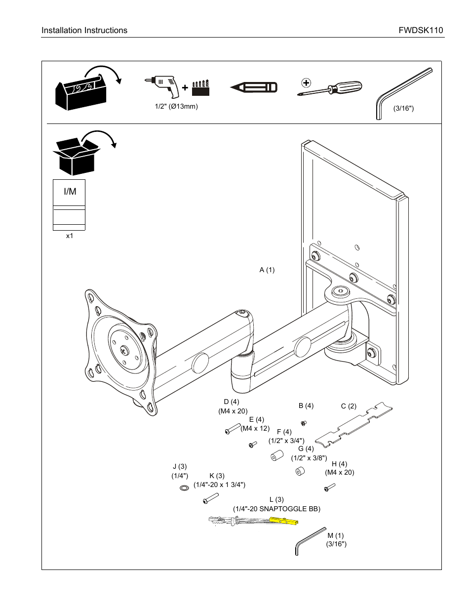 Tools required for installation and parts | CHIEF FWDSK110 User Manual | Page 3 / 8