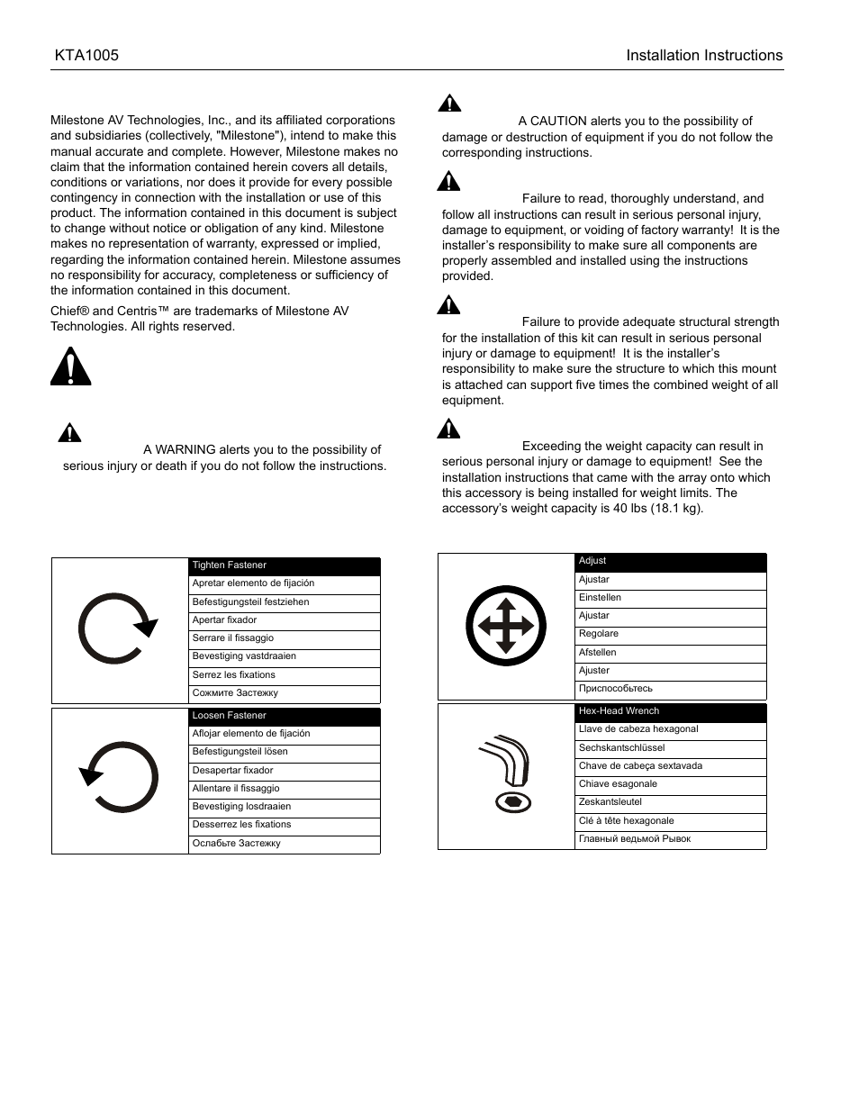 Disclaimer, Important warnings and cautions, Legend | CHIEF KTA1005 Series User Manual | Page 2 / 8