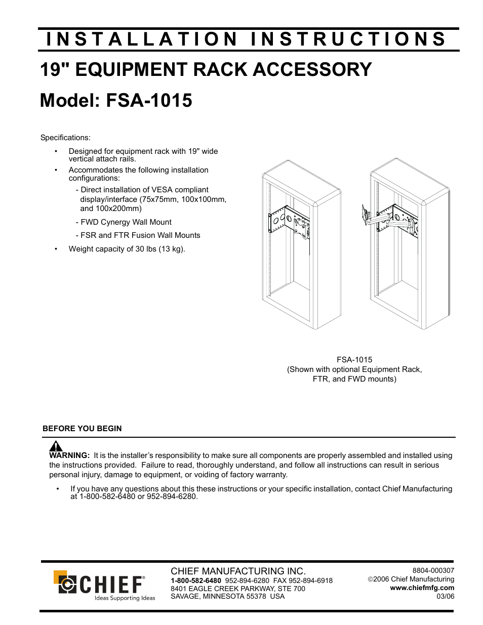 CHIEF FSA1015 User Manual | 8 pages