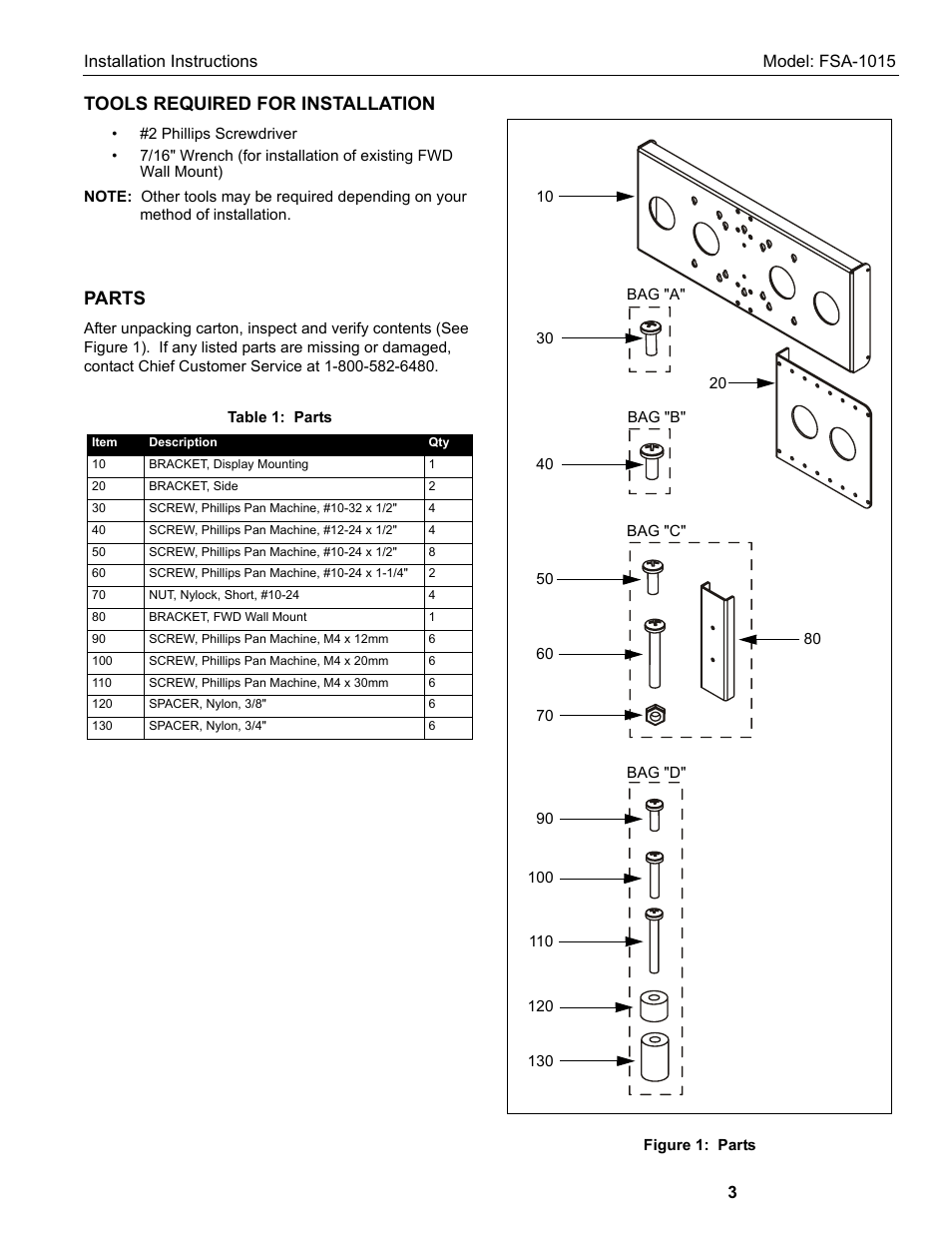 Tools required for installation, Parts | CHIEF FSA1015 User Manual | Page 3 / 8