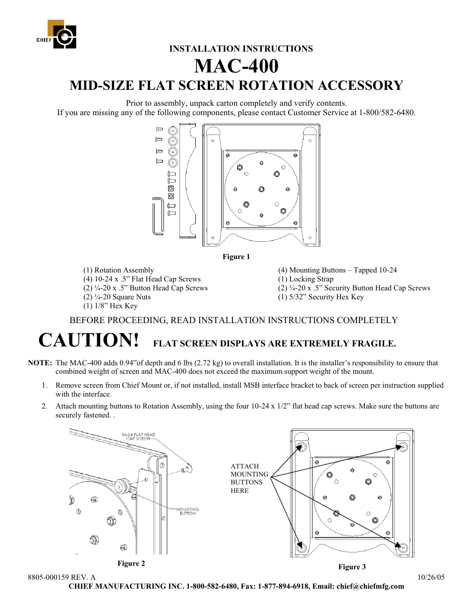 CHIEF MAC400 User Manual | 2 pages