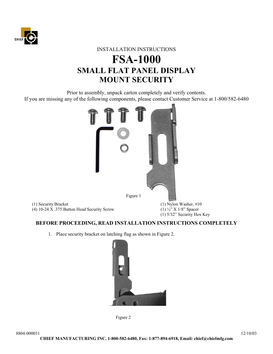 CHIEF FSA1000 User Manual | 2 pages