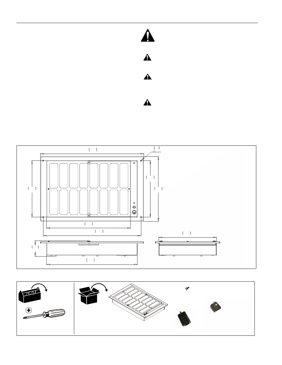 Disclaimer, Important warnings and cautions, Dimensions tools / hardware / parts | Nafb2bw installation instructions 2, Warning, Caution | CHIEF NAFB2BW User Manual | Page 2 / 4