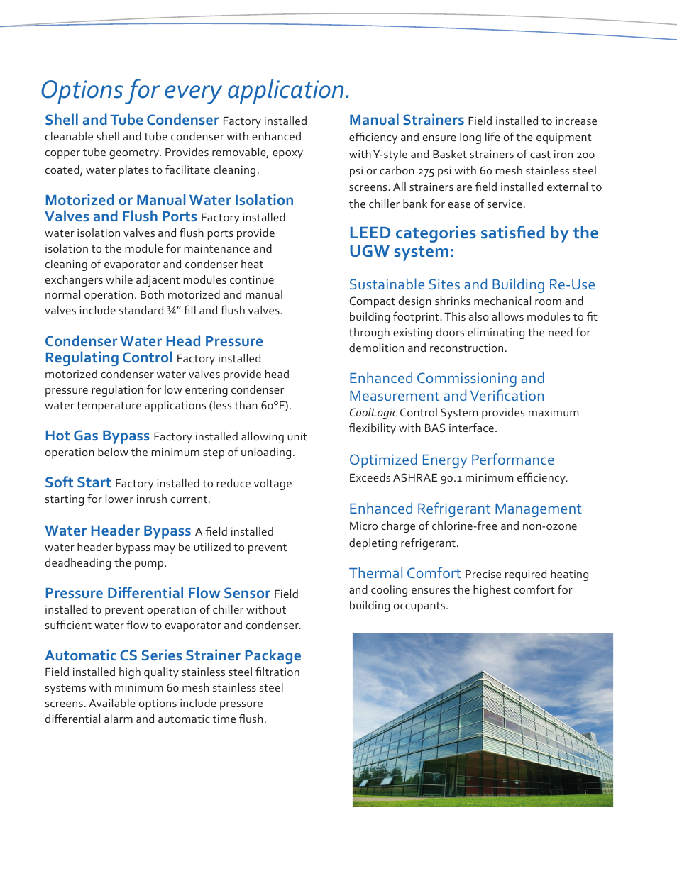Options for every application, Leed categories satisﬁ ed by the ugw system | ClimaCool UGW Optimized Quiet Screw User Manual | Page 3 / 4