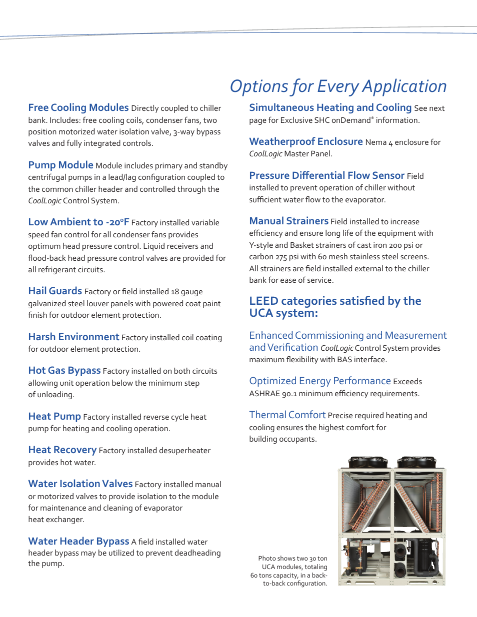 Options for every application, Leed categories satisfied by the uca system | ClimaCool UCA Air Cooled Packaged User Manual | Page 5 / 6