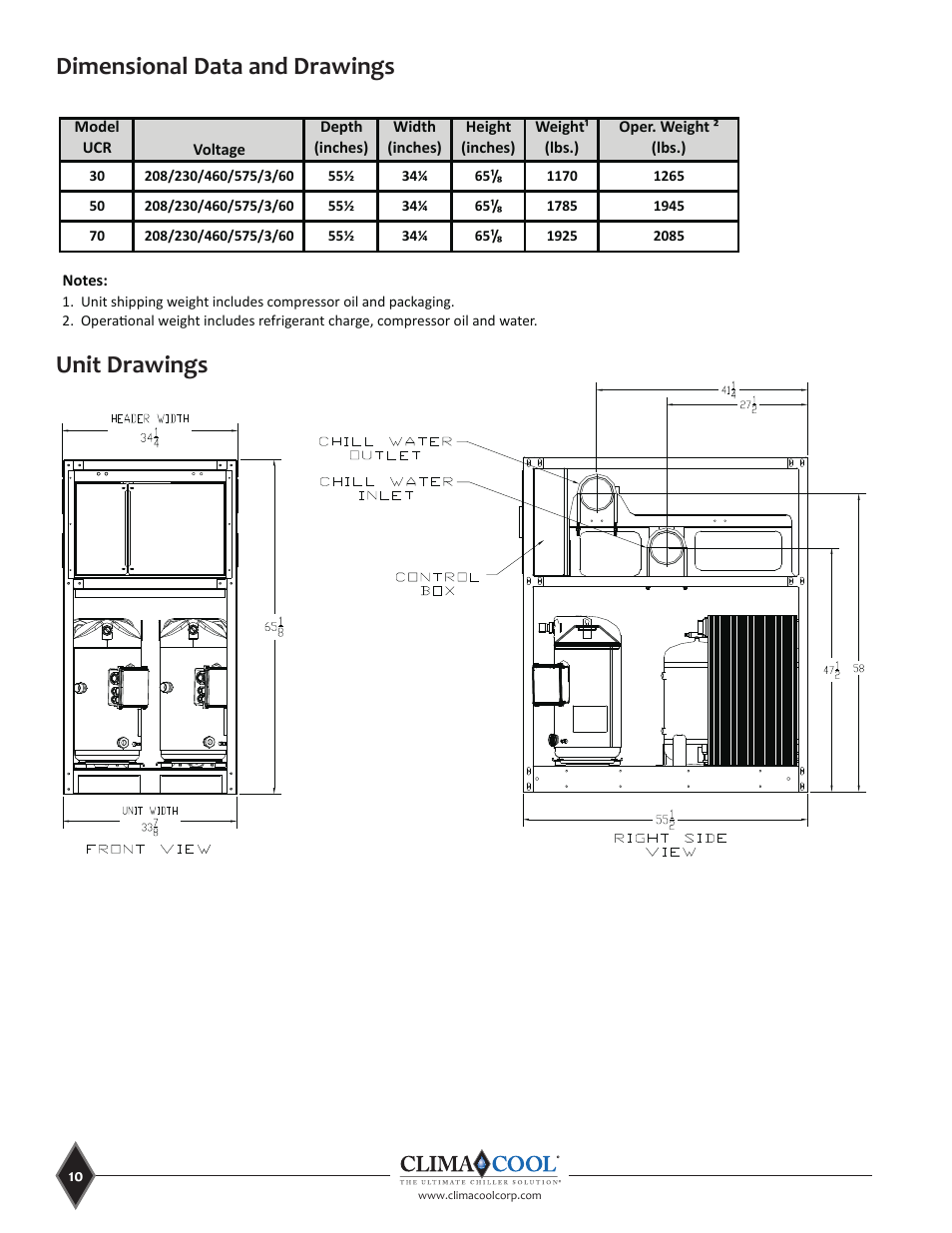 Dimensional data and drawings, Unit drawings | ClimaCool UCR 30, 50 and 70 tons Manual User Manual | Page 10 / 69