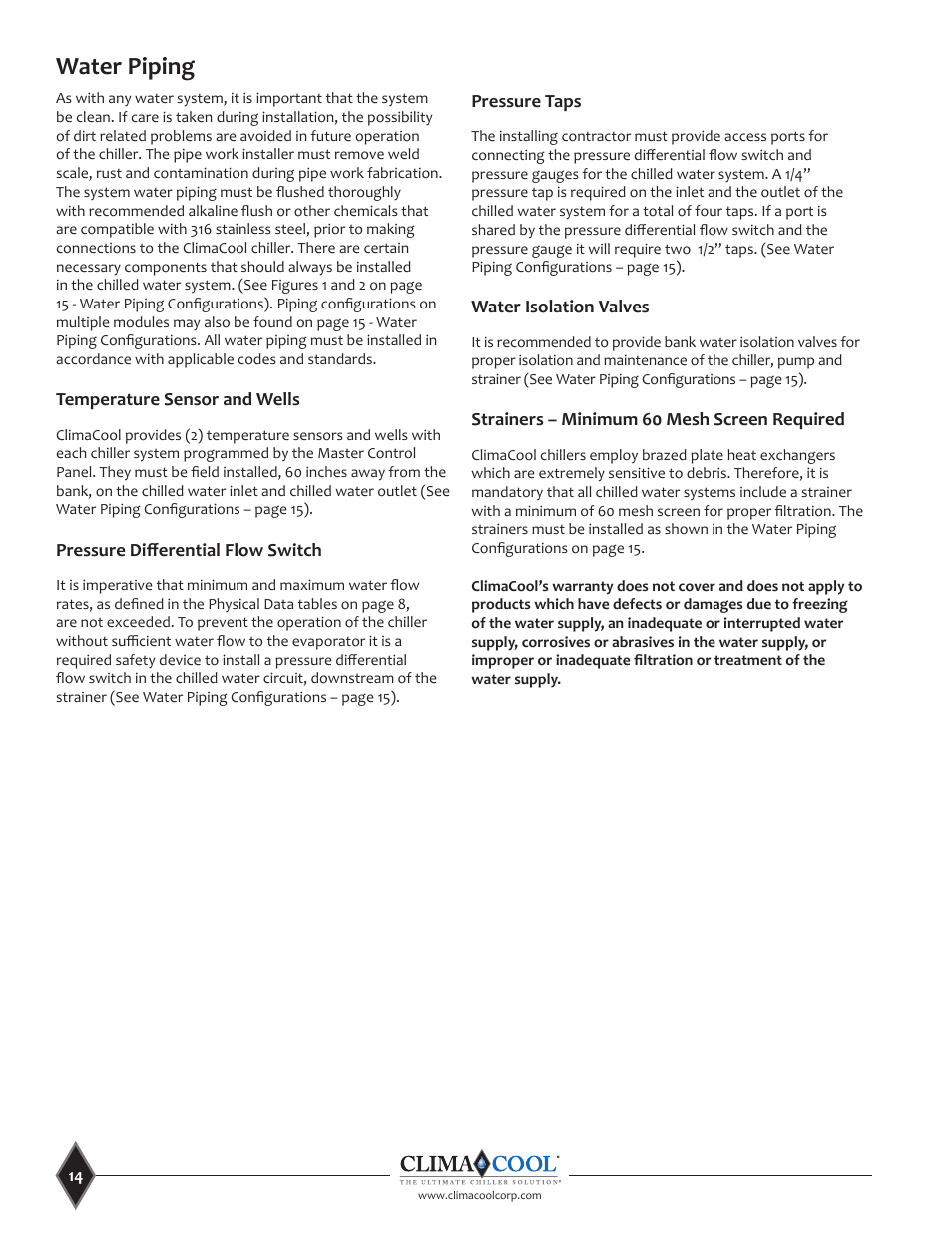 Water piping | ClimaCool UCR 30, 50 and 70 tons Manual User Manual | Page 14 / 69