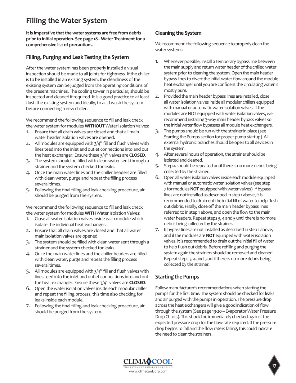 Filling the water system | ClimaCool UCR 30, 50 and 70 tons Manual User Manual | Page 17 / 69