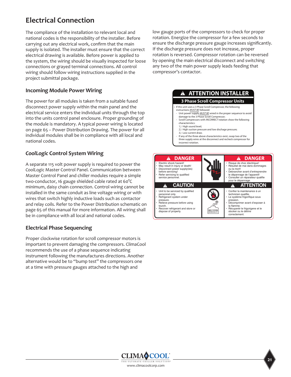 Electrical connection, Attention installer, Incoming module power wiring | Coollogic control system wiring, Electrical phase sequencing, Danger, 3 phase scroll compressor units | ClimaCool UCR 30, 50 and 70 tons Manual User Manual | Page 21 / 69