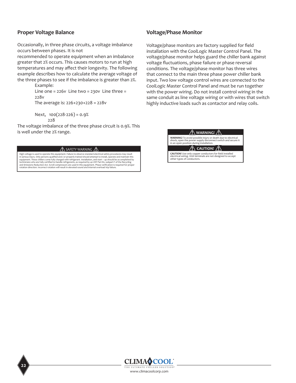 Proper voltage balance, Voltage/phase monitor | ClimaCool UCR 30, 50 and 70 tons Manual User Manual | Page 22 / 69