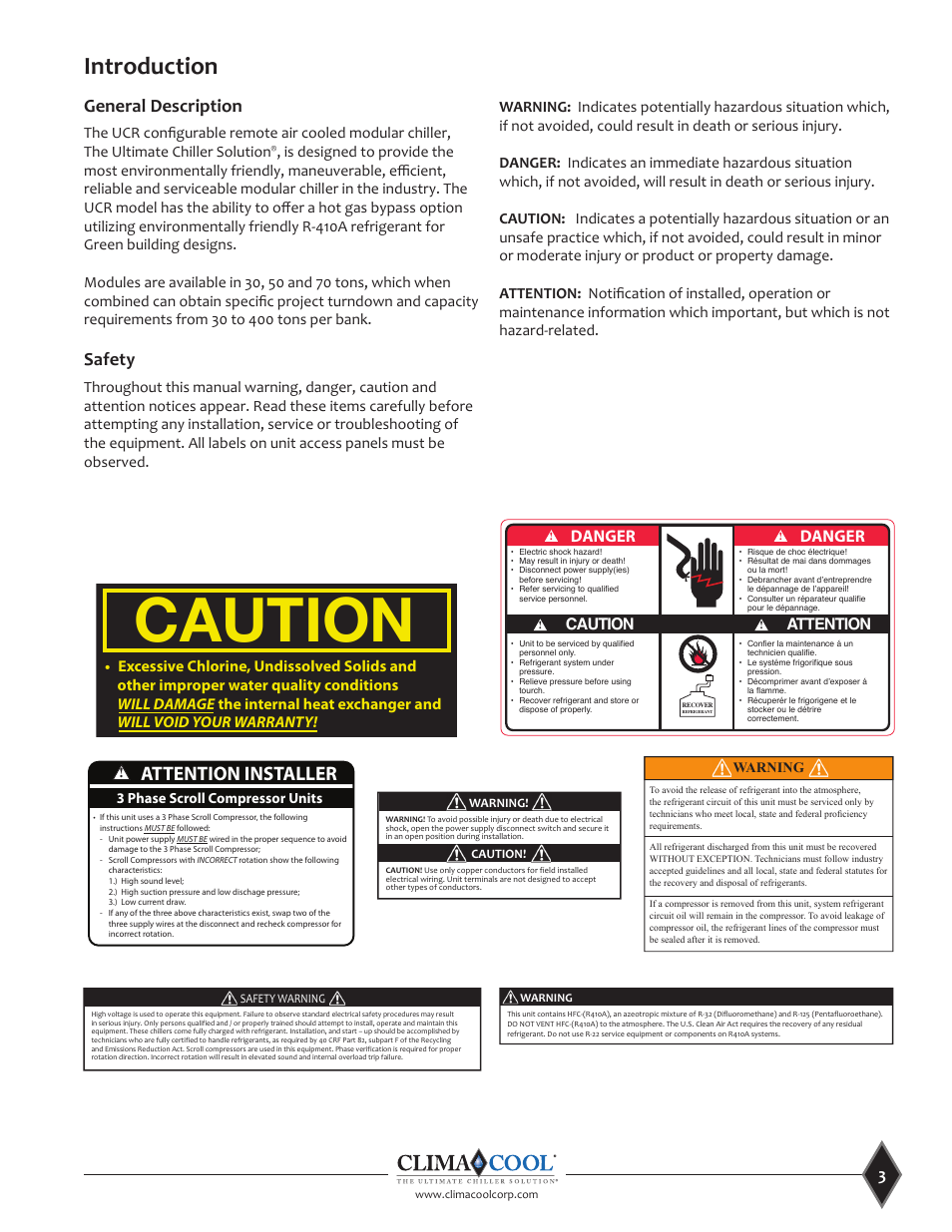 Introduction, Attention installer, General description | Safety, Danger | ClimaCool UCR 30, 50 and 70 tons Manual User Manual | Page 3 / 69