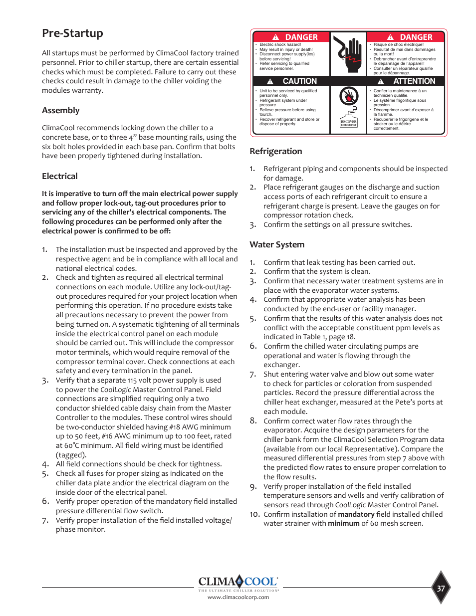 Pre-startup, Assembly, Electrical | Refrigeration 1, Water system 1 | ClimaCool UCR 30, 50 and 70 tons Manual User Manual | Page 37 / 69