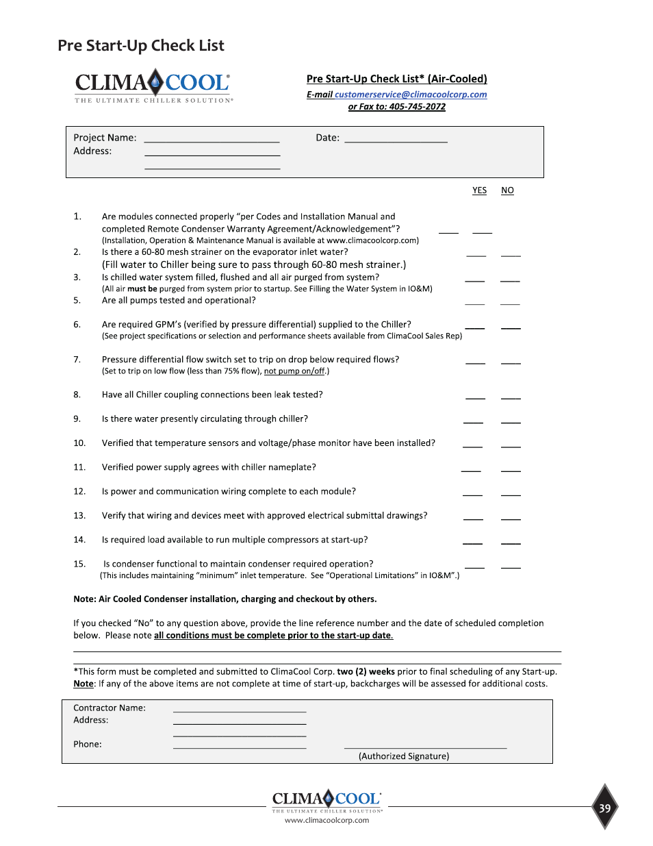 Pre start-up check list | ClimaCool UCR 30, 50 and 70 tons Manual User Manual | Page 39 / 69