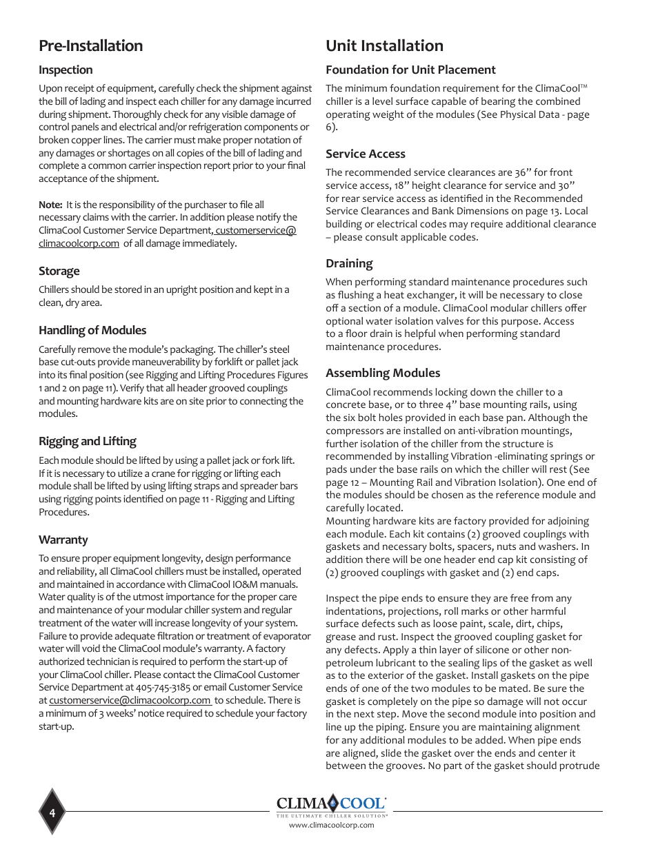 Pre-installation, Unit installation | ClimaCool UCR 30, 50 and 70 tons Manual User Manual | Page 4 / 69