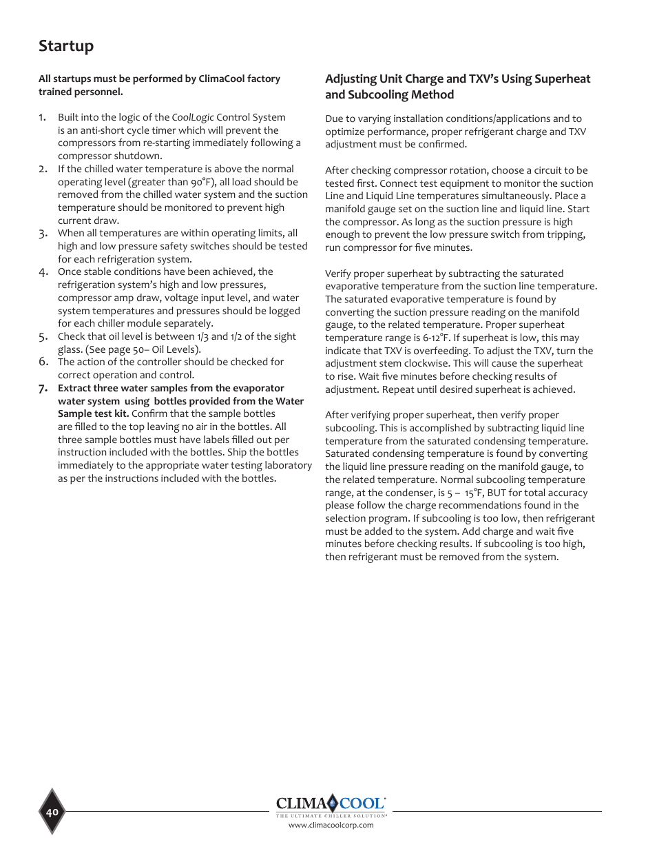 Startup | ClimaCool UCR 30, 50 and 70 tons Manual User Manual | Page 40 / 69