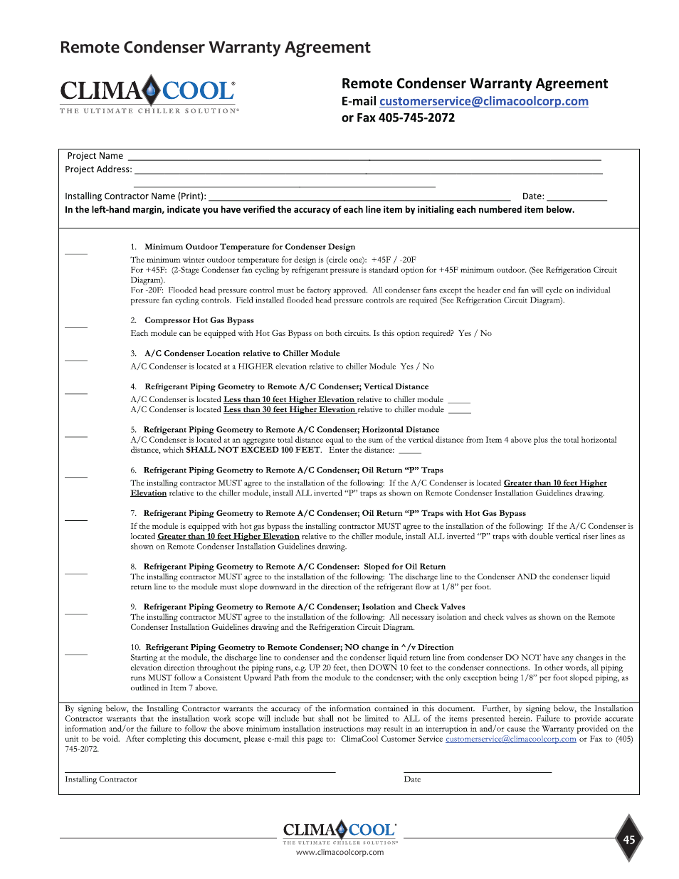 Remote condenser warranty agreement | ClimaCool UCR 30, 50 and 70 tons Manual User Manual | Page 45 / 69