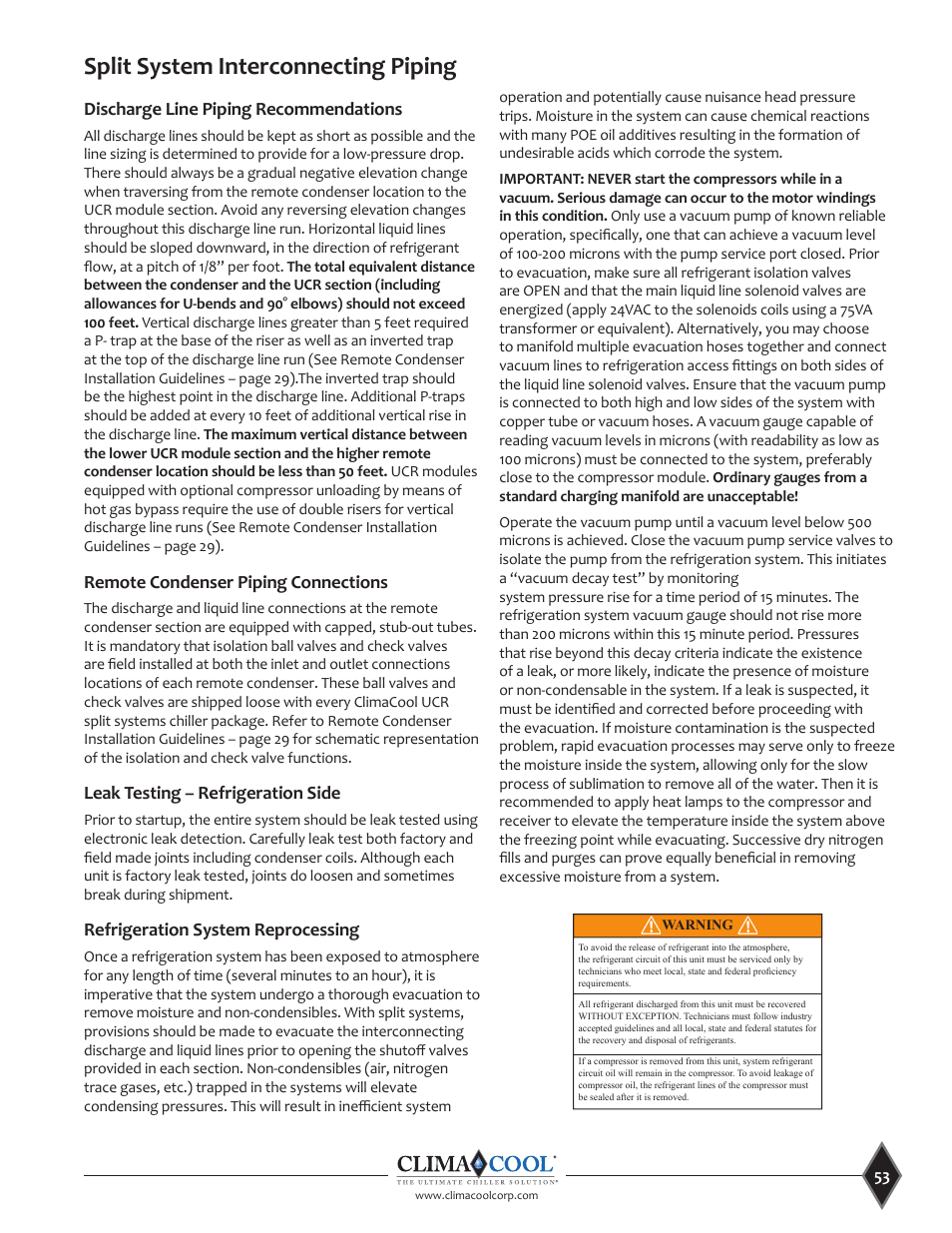 Split system interconnecting piping | ClimaCool UCR 30, 50 and 70 tons Manual User Manual | Page 53 / 69