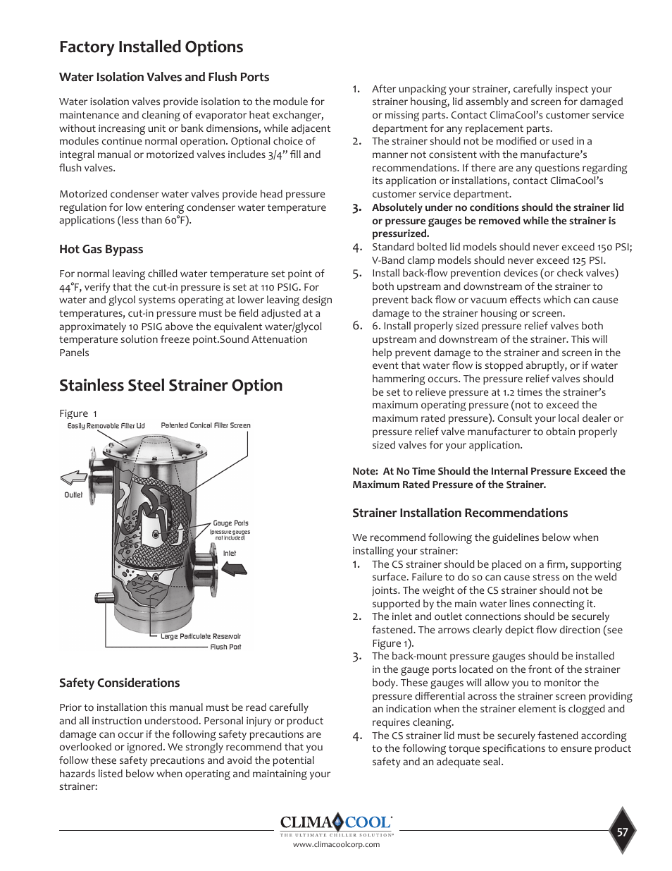 Factory installed options, Stainless steel strainer option | ClimaCool UCR 30, 50 and 70 tons Manual User Manual | Page 57 / 69