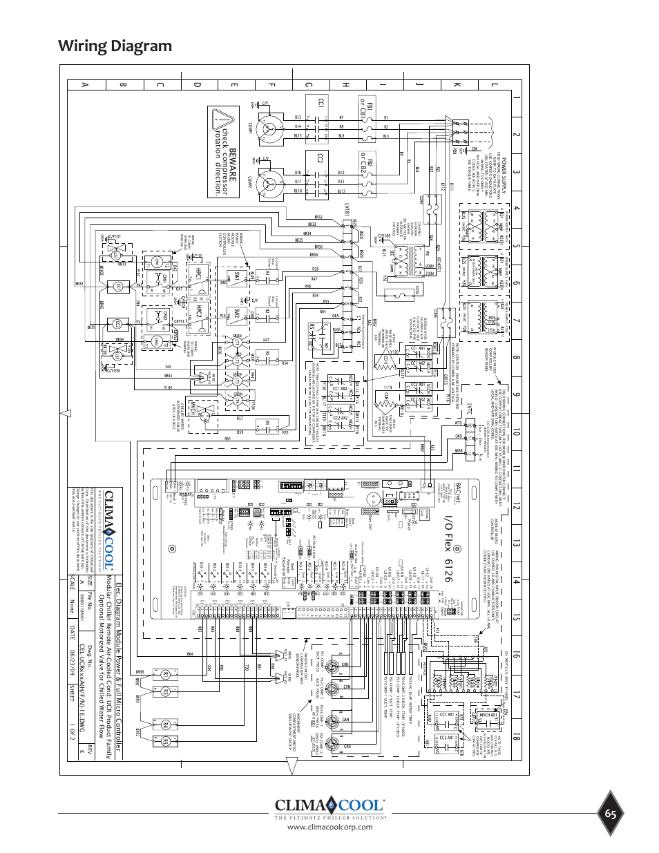 Wiring diagram, Gnd xn et- xnet, I/o flex 6126 | Beware, Check rotation compressor direction, Elec. diagram module power & full micro controller, Or cb1 or cb2, Cel-ucrxxxa(h/f/n)-1e.dwg, Optional motorized valv e for chilled water flow, Bacnet | ClimaCool UCR 30, 50 and 70 tons Manual User Manual | Page 65 / 69