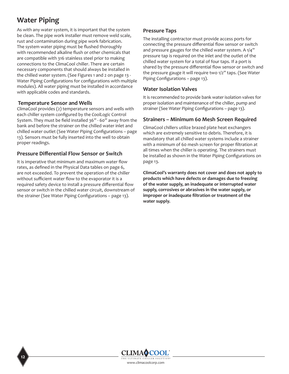 Water piping | ClimaCool UCA Manual User Manual | Page 12 / 46