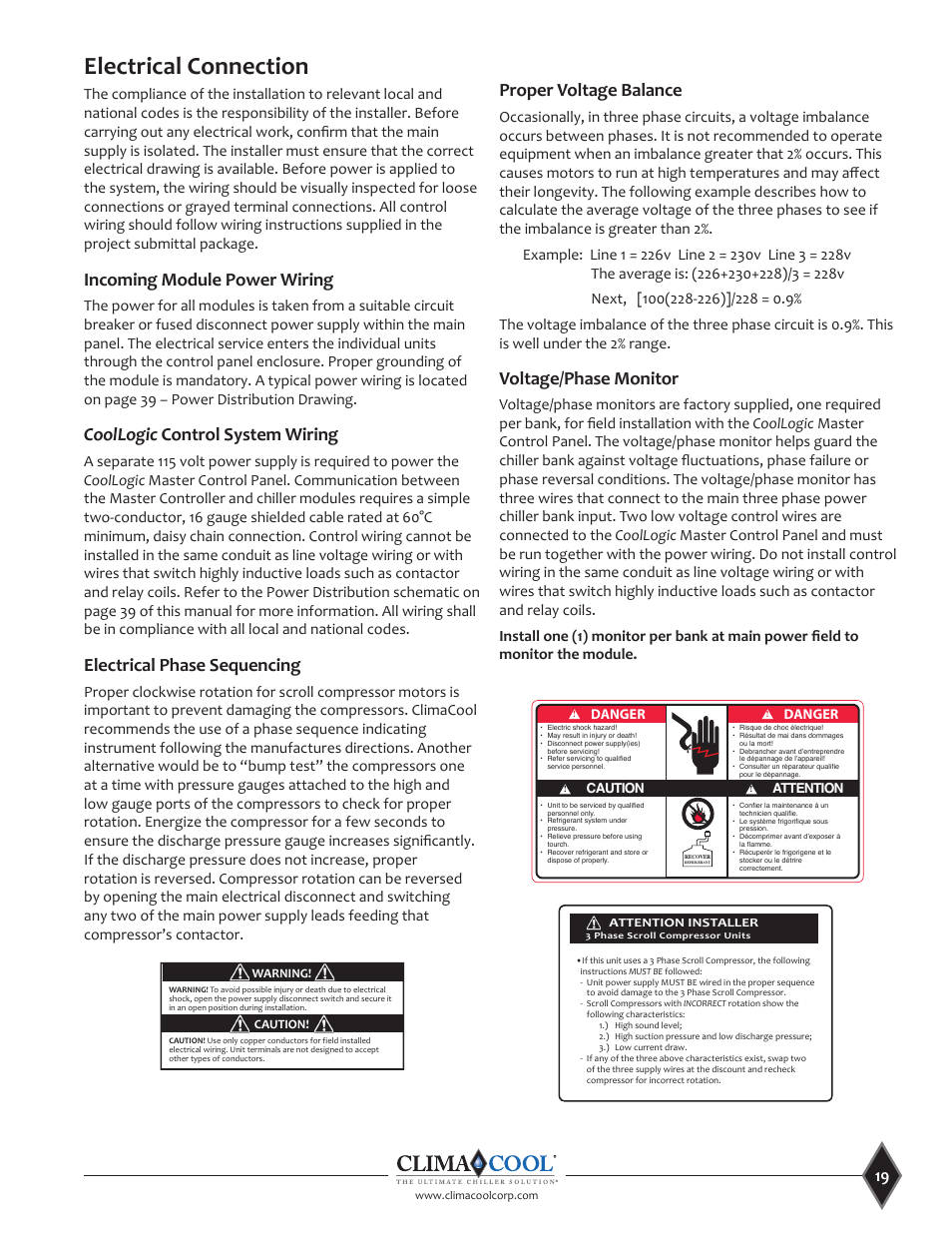 Electrical connection, Incoming module power wiring, Coollogic control system wiring | Electrical phase sequencing, Proper voltage balance, Voltage/phase monitor | ClimaCool UCA Manual User Manual | Page 19 / 46