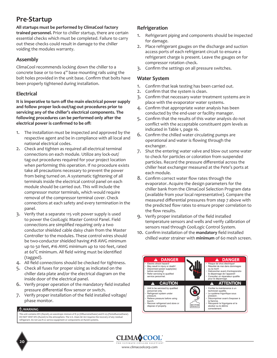 Pre-startup, Assembly, Electrical | Refrigeration 1, Water system 1 | ClimaCool UCA Manual User Manual | Page 20 / 46