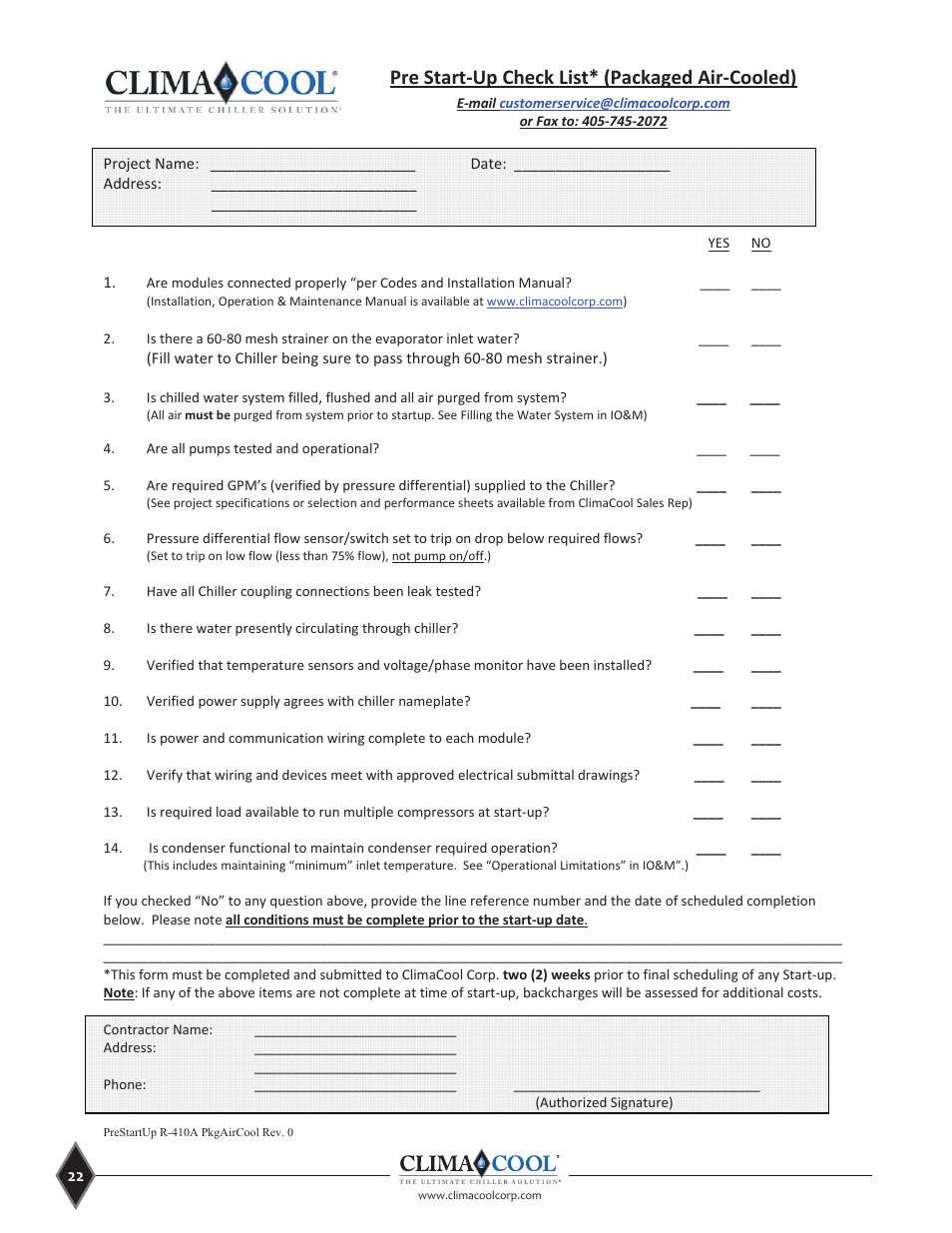 Prestartͳupchecklist* (packagedairͳcooled) | ClimaCool UCA Manual User Manual | Page 22 / 46