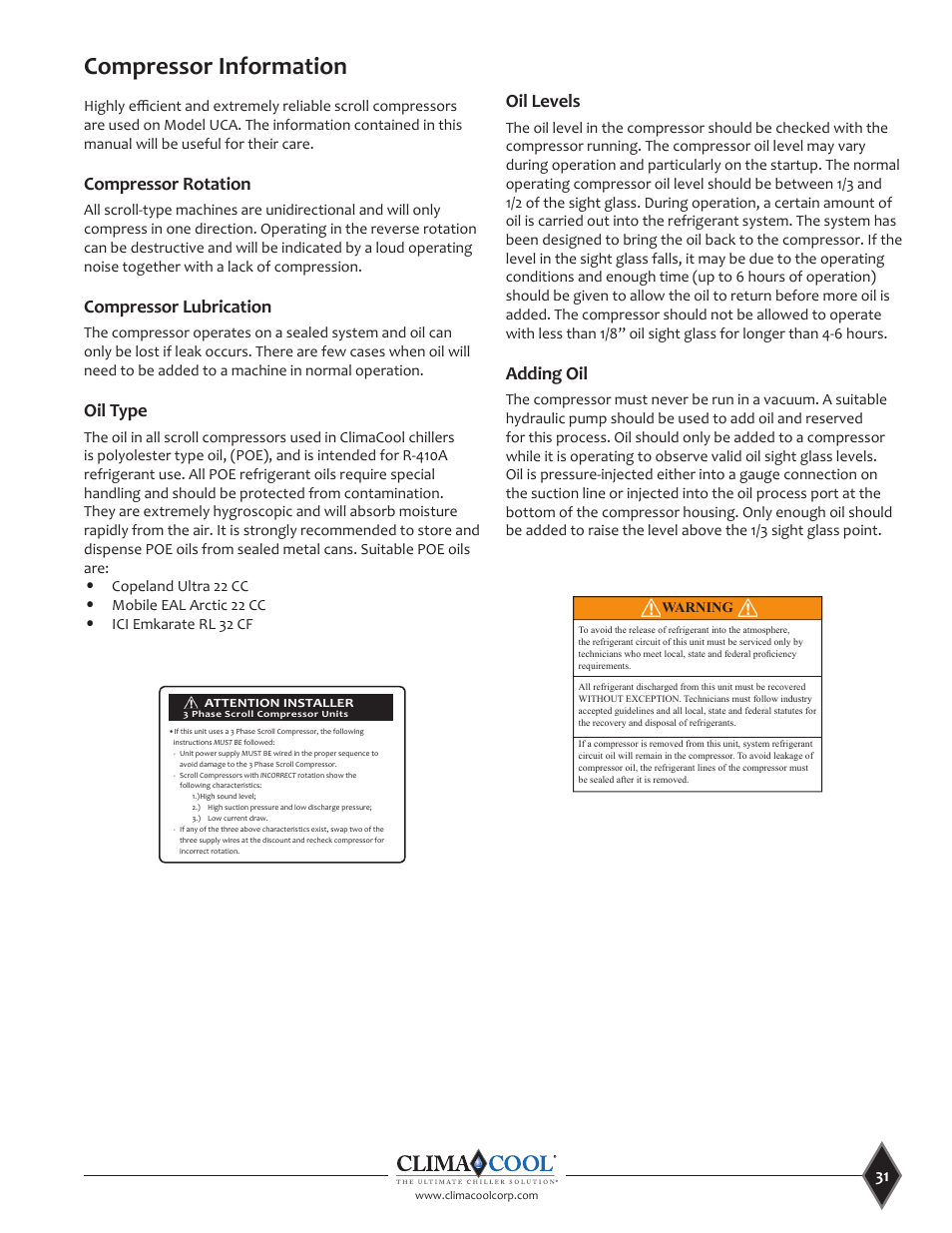 Compressor information, Oil levels, Adding oil | Compressor rotation, Compressor lubrication, Oil type | ClimaCool UCA Manual User Manual | Page 31 / 46