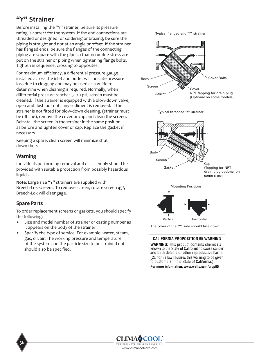 Y” strainer, Warning, Spare parts | ClimaCool UCA Manual User Manual | Page 36 / 46