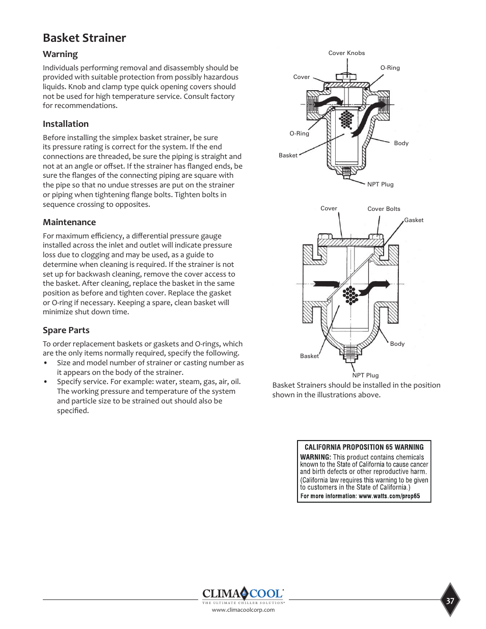 Basket strainer, Warning, Installation | Maintenance, Spare parts | ClimaCool UCA Manual User Manual | Page 37 / 46