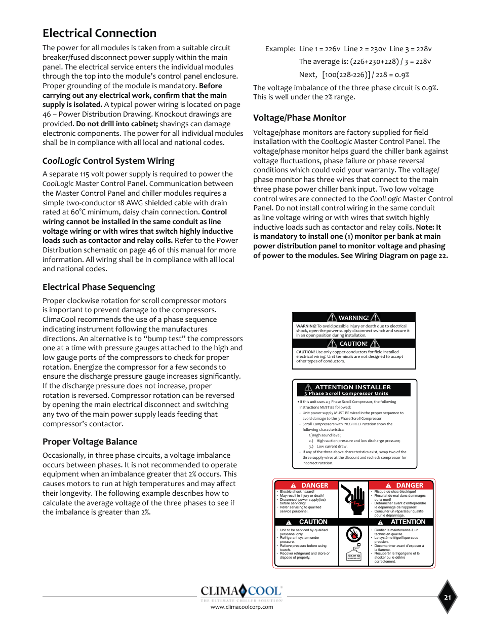 Electrical connection, Coollogic, Electrical phase sequencing | Proper voltage balance, Voltage/phase monitor | ClimaCool SHC onDEMAND 30, 50, 70, 85 Manual User Manual | Page 23 / 64