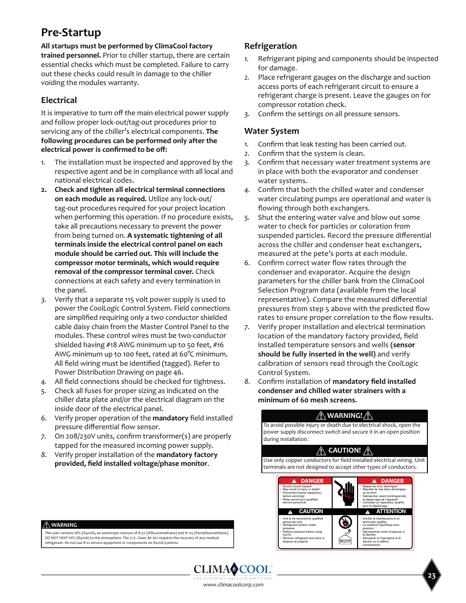 Pre-startup, Electrical, Refrigeration | Warning, Caution | ClimaCool SHC onDEMAND 30, 50, 70, 85 Manual User Manual | Page 25 / 64