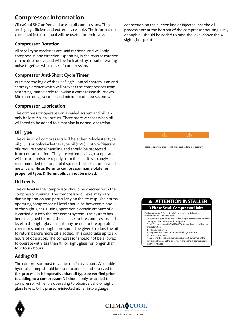 Attention installer, Oil type, Oil levels | Adding oil | ClimaCool SHC onDEMAND 30, 50, 70, 85 Manual User Manual | Page 36 / 64