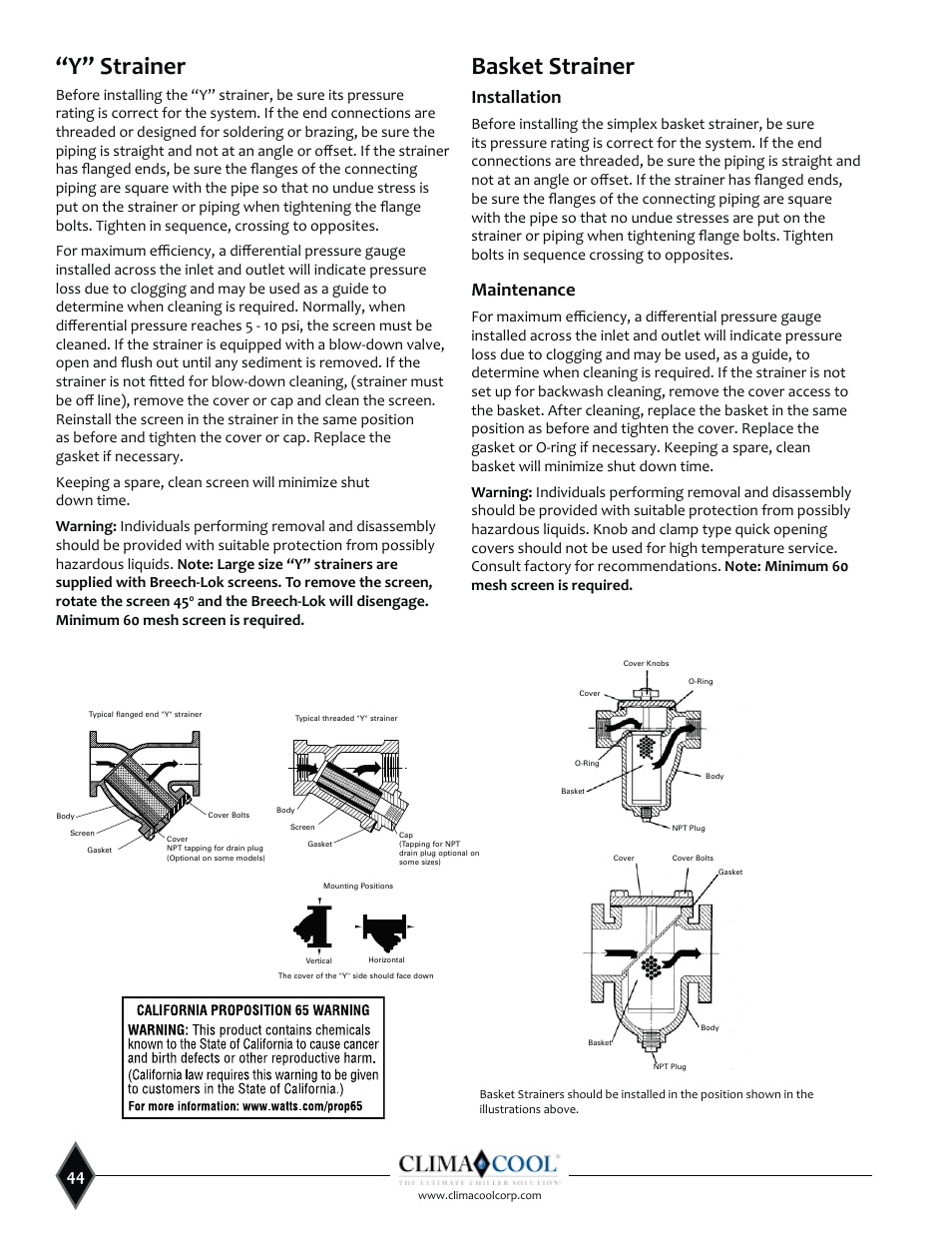 Basket strainer, Installation, Maintenance | ClimaCool SHC onDEMAND 30, 50, 70, 85 Manual User Manual | Page 46 / 64