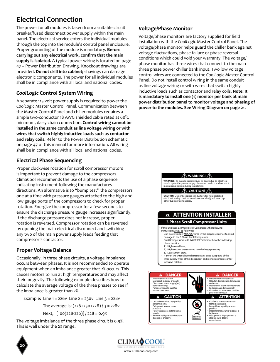 Electrical connection, Attention installer, Coollogic control system wiring | Electrical phase sequencing, Proper voltage balance, Voltage/phase monitor | ClimaCool UCW_H 30, 50, 70, 85 User Manual | Page 22 / 63