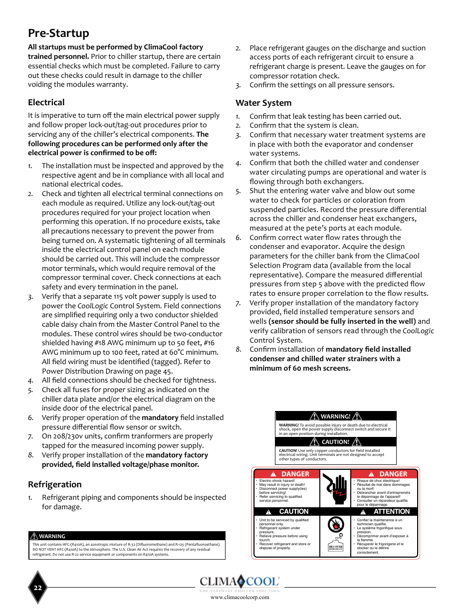 Pre-startup, Electrical, Refrigeration | Water system | ClimaCool UCW_H 30, 50, 70, 85 User Manual | Page 24 / 63