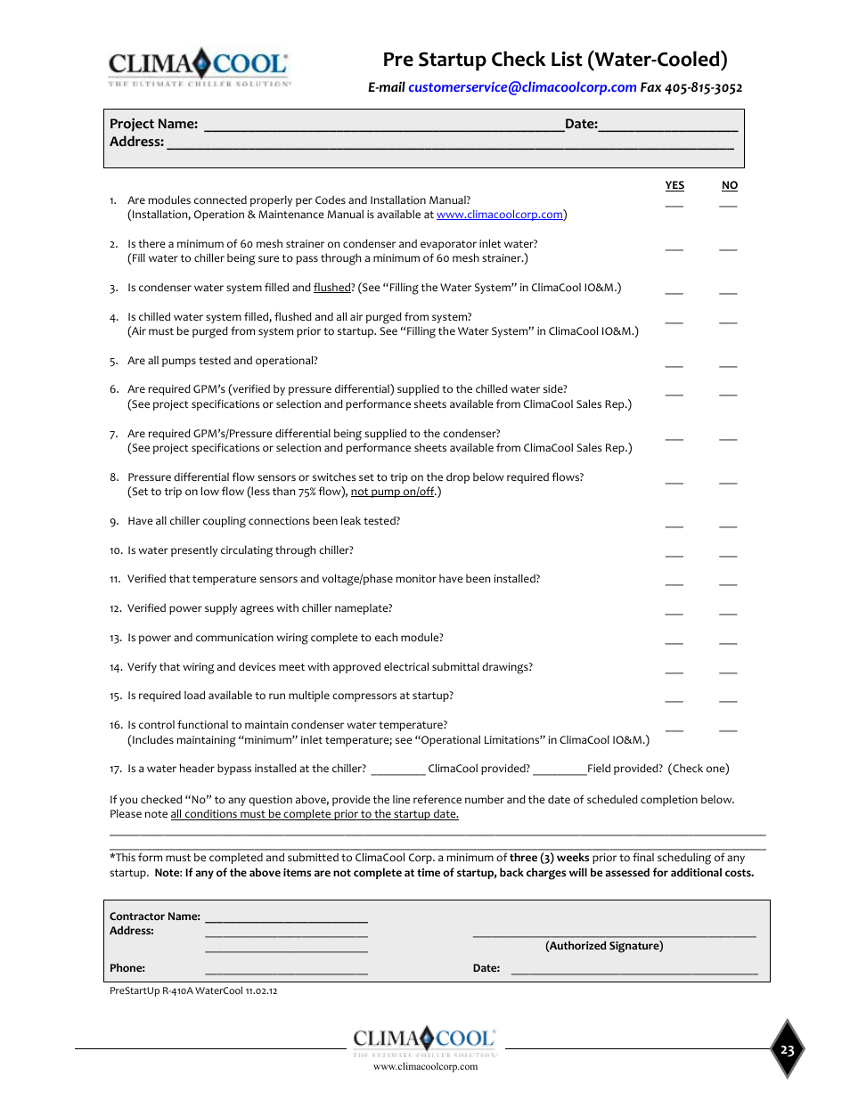 Pre startup check list (water-cooled) | ClimaCool UCW_H 30, 50, 70, 85 User Manual | Page 25 / 63