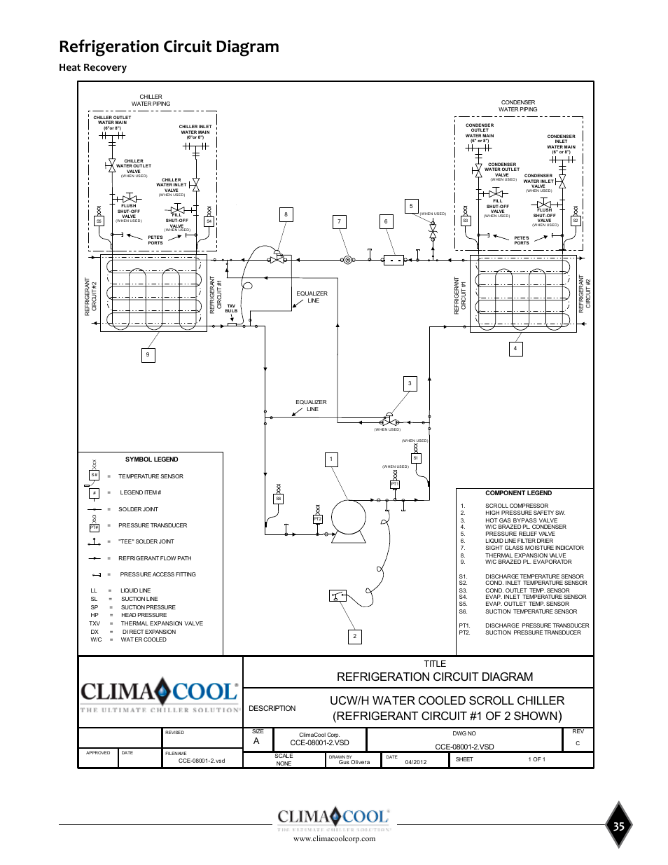 Refrigeration circuit diagram, Heat recovery, Title | ClimaCool UCW_H 30, 50, 70, 85 User Manual | Page 37 / 63