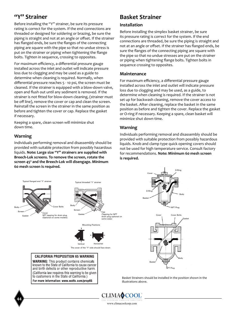 Y” strainer, Basket strainer, Warning | Spare parts, Installation, Maintenance, Installation, operation and maintenance, Y” strainers, Simplex basket strainers | ClimaCool UCW_H 30, 50, 70, 85 User Manual | Page 46 / 63