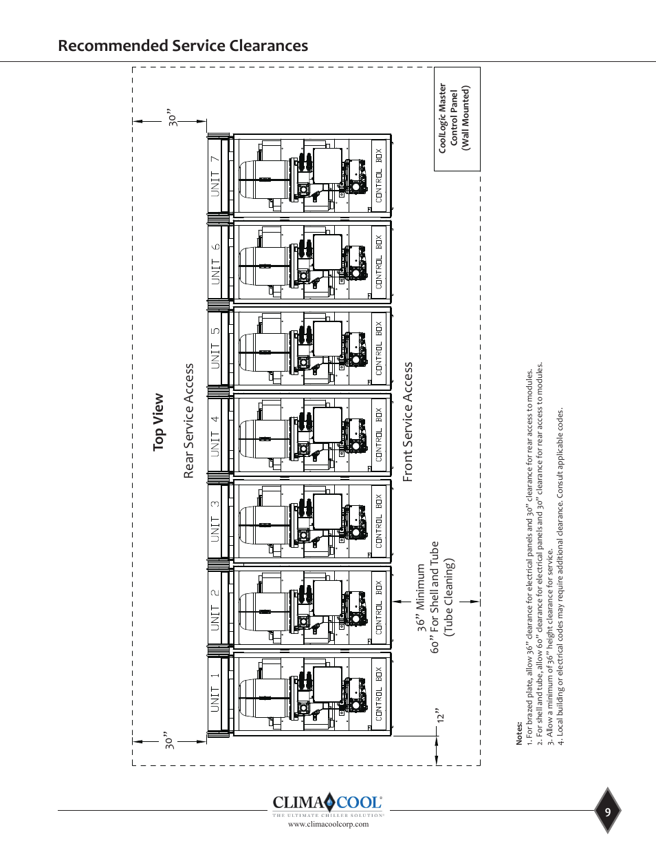 Recommended service clearances, Top view, Rear service access front service access | ClimaCool UGW Manual User Manual | Page 11 / 68