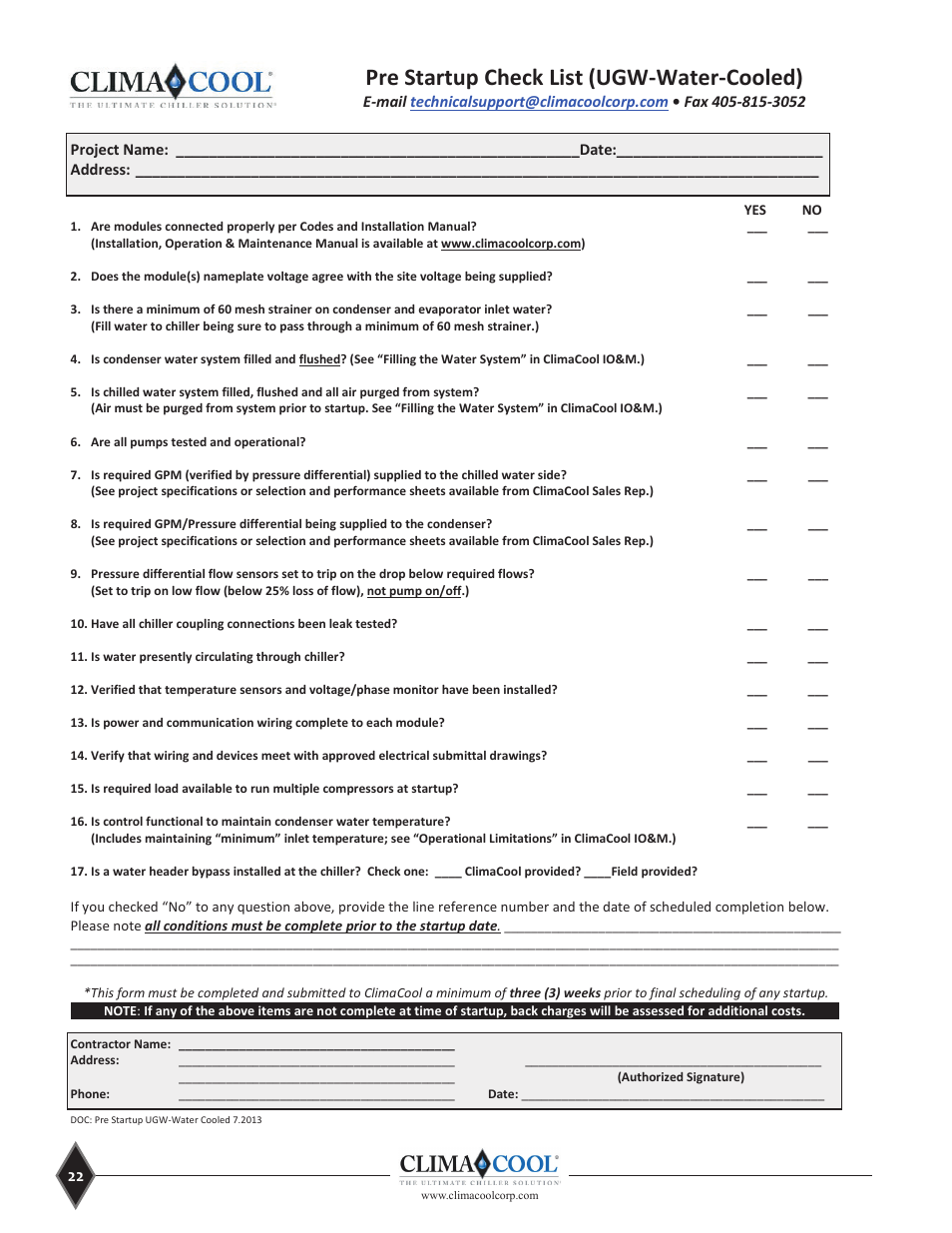 Pre startup check list (ugw-water-cooled) | ClimaCool UGW Manual User Manual | Page 24 / 68