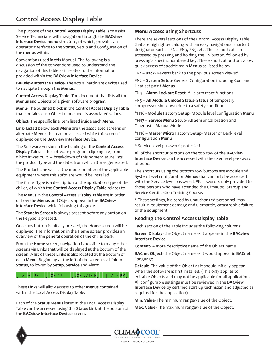 Control access display table | ClimaCool UGW Manual User Manual | Page 28 / 68