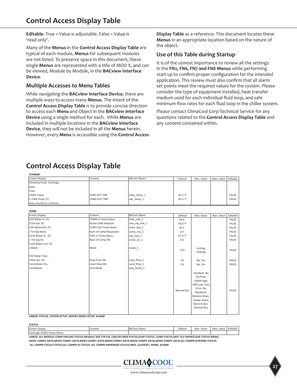 Control access display table, Multiple accesses to menu tables, Use of this table during startup | Local access display table | ClimaCool UGW Manual User Manual | Page 29 / 68