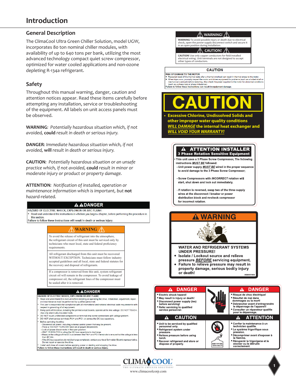 Caution, Introduction, General description | Safety | ClimaCool UGW Manual User Manual | Page 3 / 68
