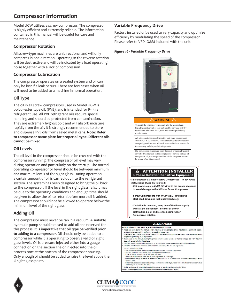 Compressor information, Compressor rotation, Compressor lubrication | Oil type, Oil levels, Adding oil, Variable frequency drive | ClimaCool UGW Manual User Manual | Page 48 / 68