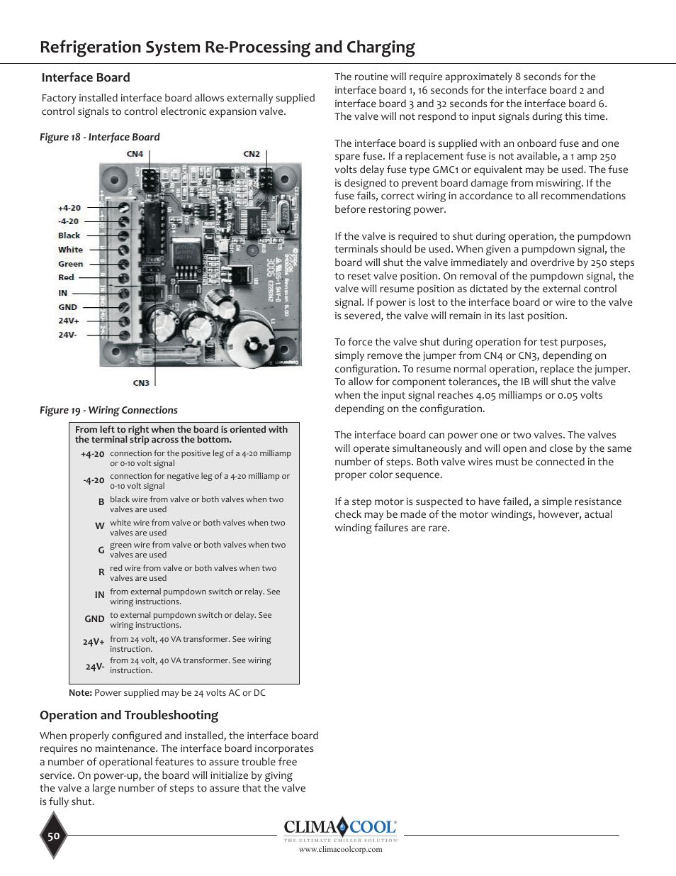 Refrigeration system re-processing and charging, Interface board, Operation and troubleshooting | ClimaCool UGW Manual User Manual | Page 52 / 68