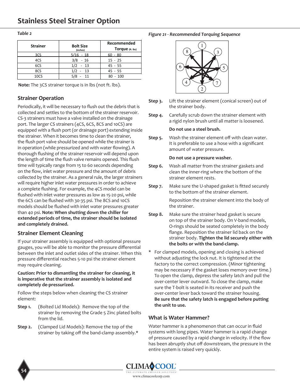 Stainless steel strainer option, Strainer operation, Strainer element cleaning | What is water hammer | ClimaCool UGW Manual User Manual | Page 56 / 68