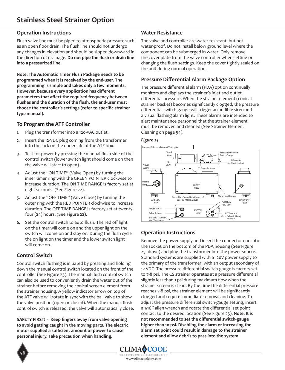 Stainless steel strainer option, Operation instructions, Control switch | Water resistance, Pressure differential alarm package option | ClimaCool UGW Manual User Manual | Page 58 / 68