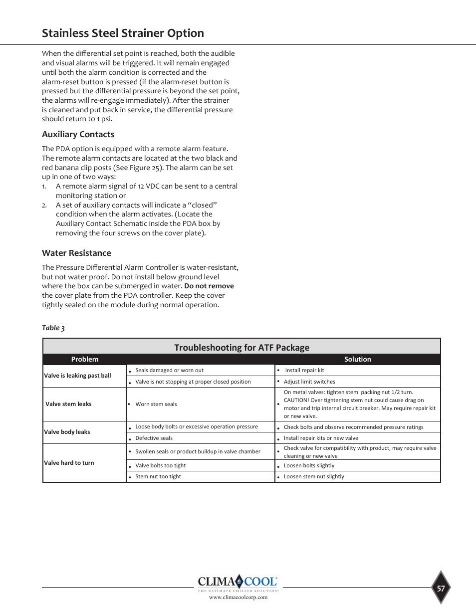 Stainless steel strainer option, Troubleshooting for atf package, Auxiliary contacts | Water resistance | ClimaCool UGW Manual User Manual | Page 59 / 68