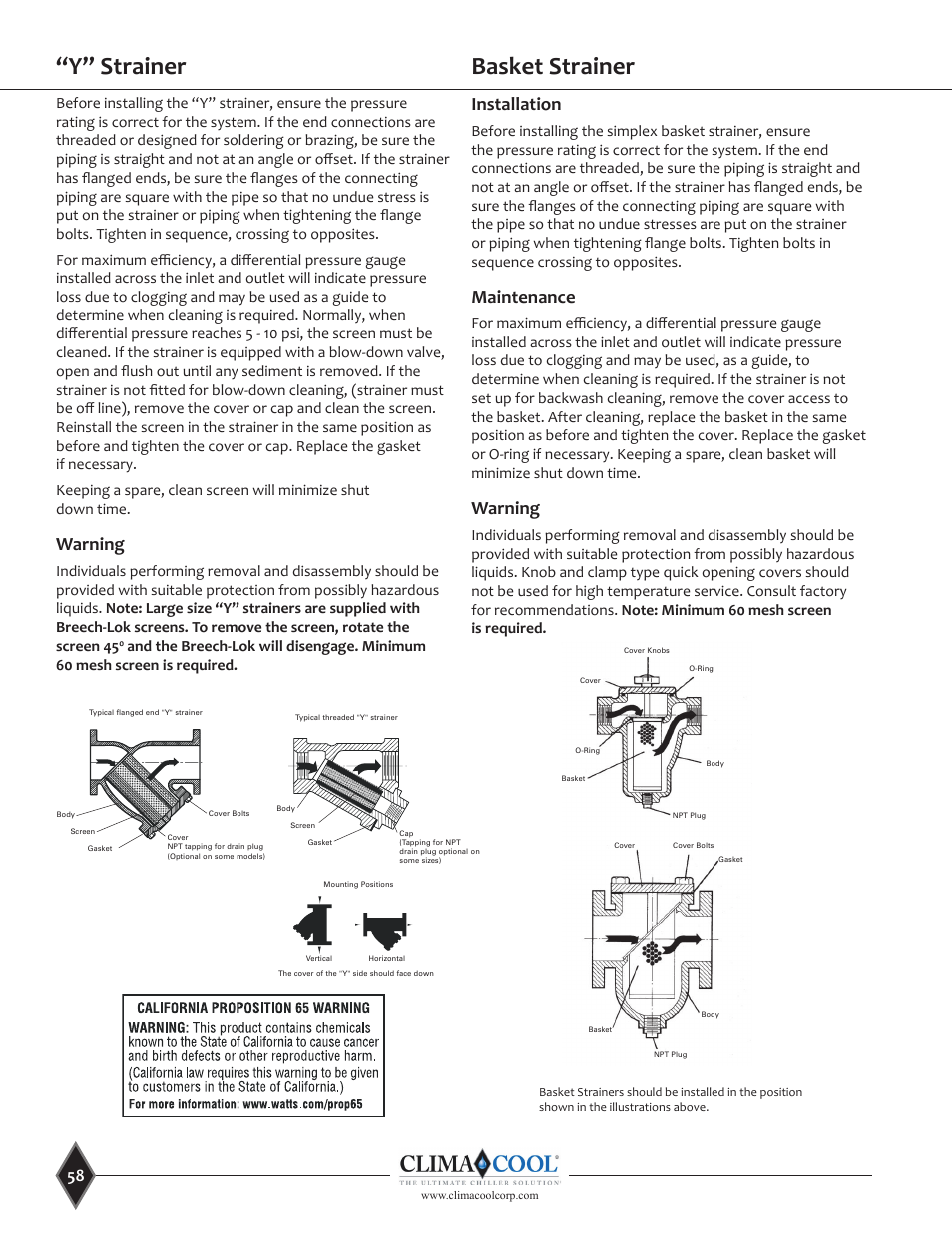 Y” strainer, Basket strainer, Warning | Installation, Maintenance, Spare parts, Installation, operation and maintenance, Y” strainers, Simplex basket strainers | ClimaCool UGW Manual User Manual | Page 60 / 68